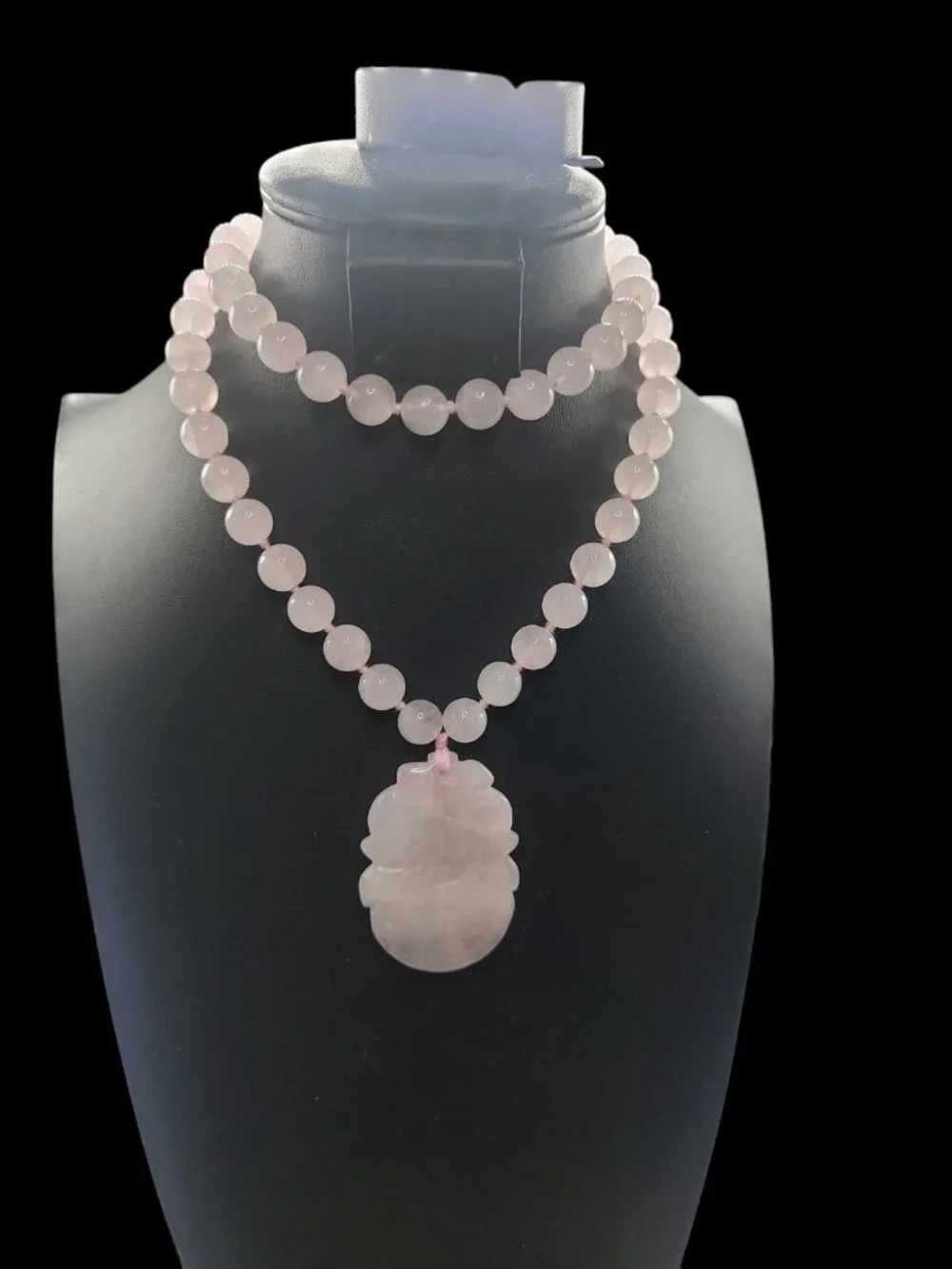 Chinese Rose Quartz Hand Knotted Mala Lotus Design Necklace 28